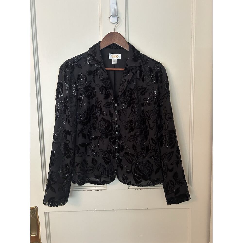 Vintage Talbots Velvet Burnout Glitter Blouse Womens Size 8 Black Classic Whimsy